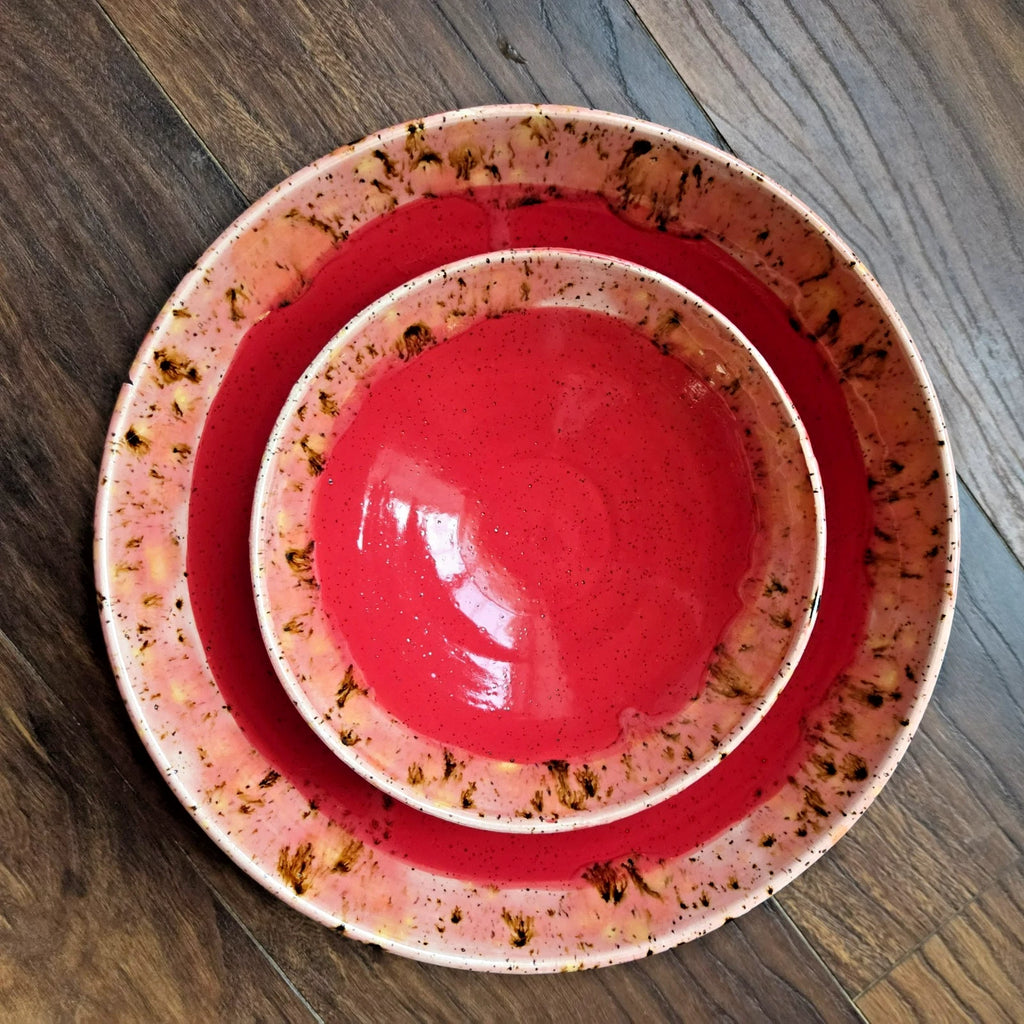Handmade Pottery Serving Bowls – Set of 3 – Red Glaze w/ Speckled Rim