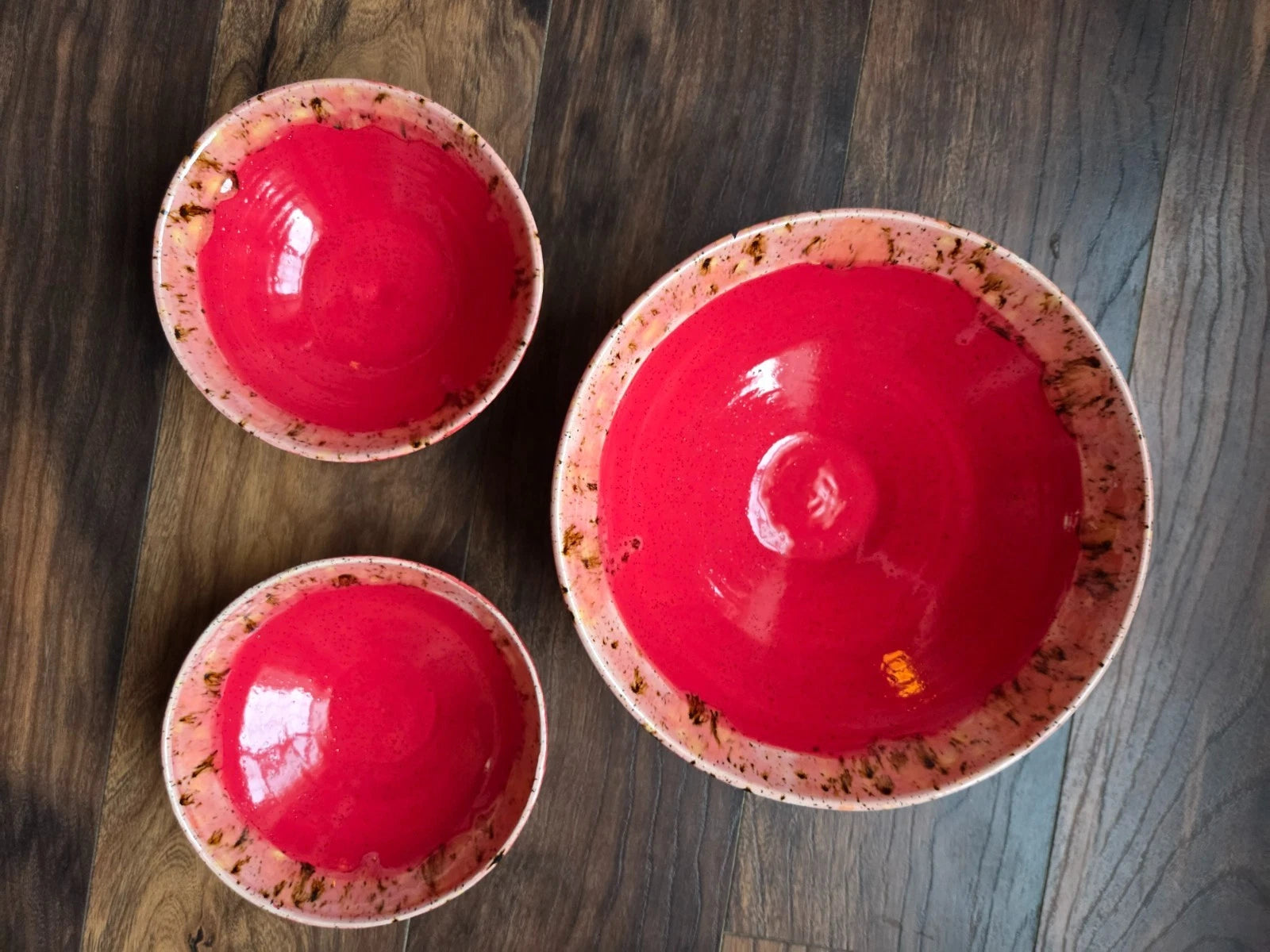Handmade Pottery Serving Bowls – Set of 3 – Red Glaze w/ Speckled Rim