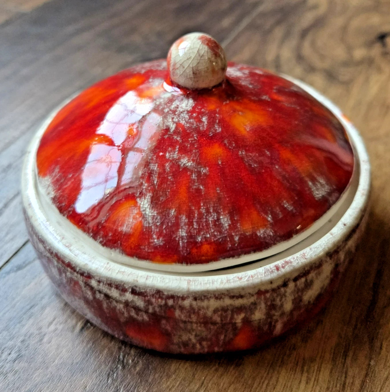 Handmade Pottery Lidded Bowl – Red Orange Crackle Glaze – Handmade Ceramic