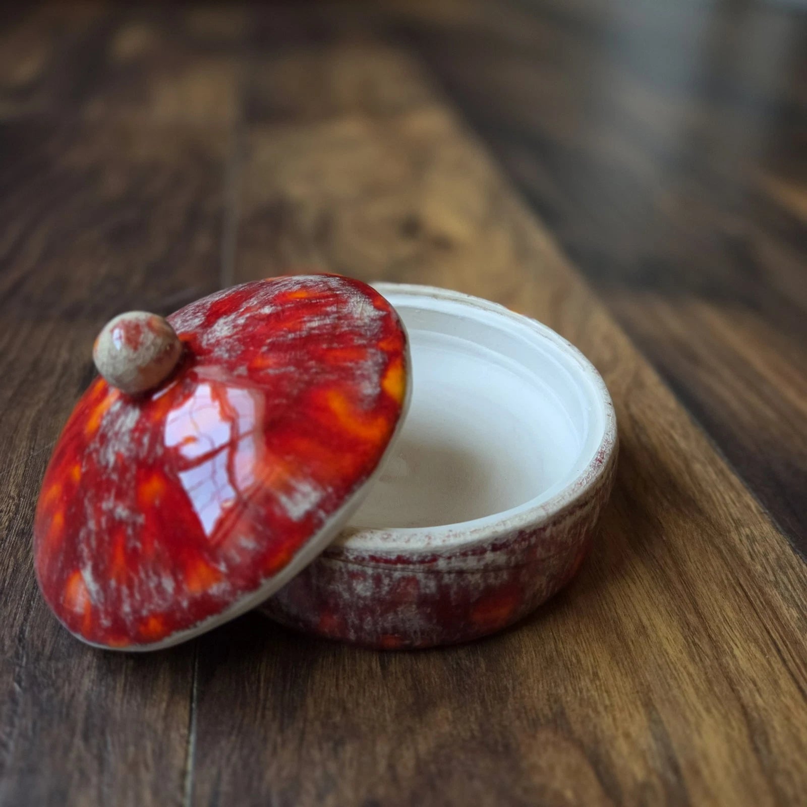 Handmade Pottery Lidded Bowl – Red Orange Crackle Glaze – Handmade Ceramic
