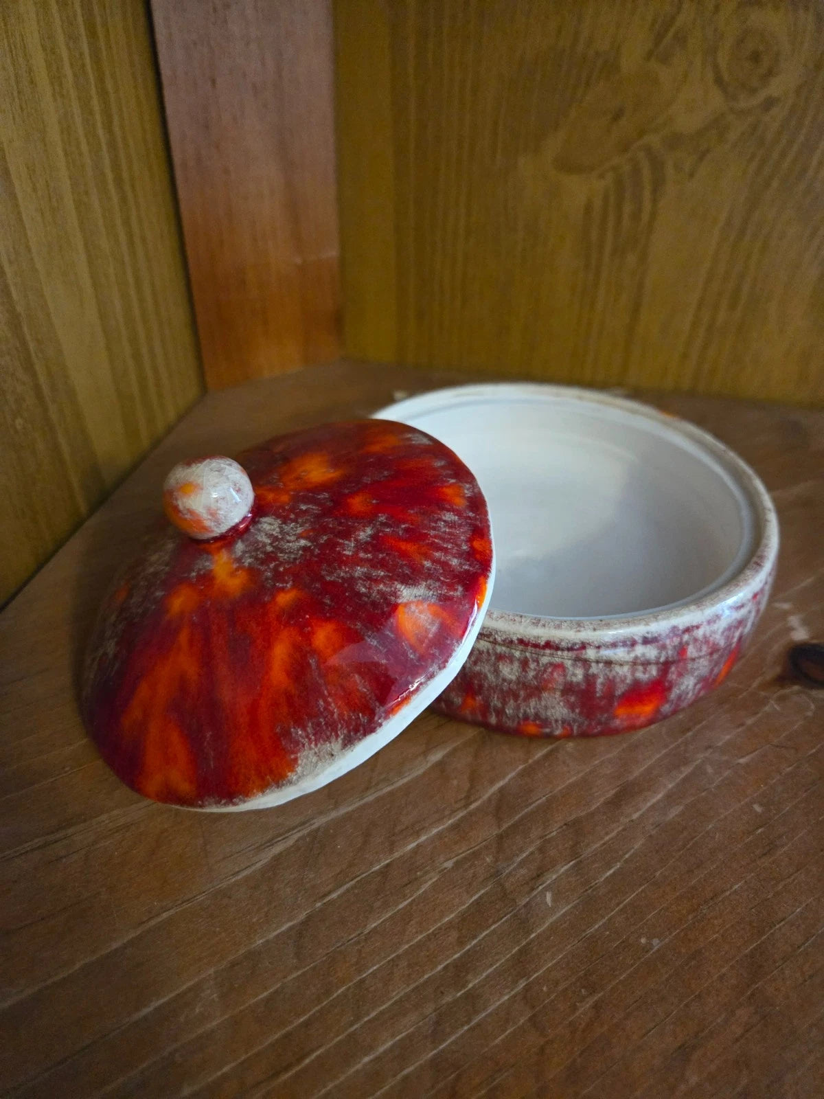 Handmade Pottery Lidded Bowl – Red Orange Crackle Glaze – Handmade Ceramic